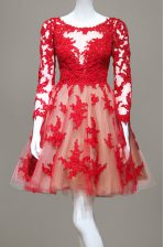  Scoop Lace Knee Length Zipper Prom Gown Red for Prom with Appliques
