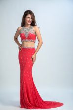 Custom Design Mermaid Scoop Beading Prom Gown Coral Red Zipper Sleeveless With Brush Train