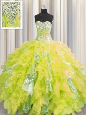  Visible Boning Sweetheart Sleeveless Sweet 16 Dress Floor Length Beading and Ruffles and Sequins Yellow Organza and Sequined