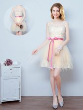 Artistic Scoop Sleeveless Tulle Mini Length Lace Up Vestidos de Damas in Champagne with Lace and Appliques and Ruffles and Bowknot