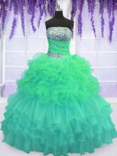 Stylish Multi-color Organza Lace Up Quince Ball Gowns Sleeveless Floor Length Beading and Ruffled Layers and Pick Ups