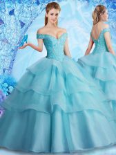 Admirable Organza Off The Shoulder Sleeveless Brush Train Lace Up Beading and Ruffled Layers Quinceanera Gown in Aqua Blue