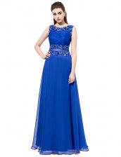 Shining Royal Blue Empire Scoop Sleeveless Organza Floor Length Zipper Beading and Lace Prom Dress