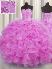 Charming Lilac Quinceanera Gown Military Ball and Sweet 16 and Quinceanera with Beading and Ruffles Sweetheart Sleeveless Lace Up