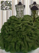  See Through Olive Green Ball Gowns Scoop Sleeveless Organza Floor Length Lace Up Beading and Pick Ups Sweet 16 Dresses