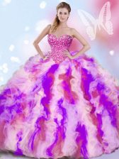 Multi-color Ball Gowns Organza Sweetheart Sleeveless Beading and Ruffles Lace Up Quince Ball Gowns