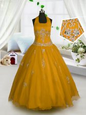 Fancy Orange Child Pageant Dress Party and Wedding Party with Appliques Halter Top Sleeveless Lace Up