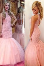 New Style Mermaid Scoop Floor Length Backless Prom Party Dress Pink for Prom and Party with Lace