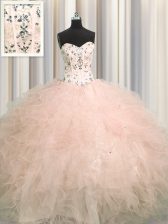 Beautiful Visible Boning Pink Tulle Lace Up Quinceanera Dress Sleeveless Floor Length Beading and Appliques and Ruffles