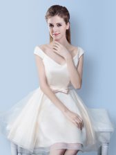 Simple White V-neck Lace Up Bowknot Court Dresses for Sweet 16 Cap Sleeves