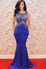 Excellent Mermaid Scoop Sleeveless Sweep Train Beading and Appliques Royal Blue Elastic Woven Satin