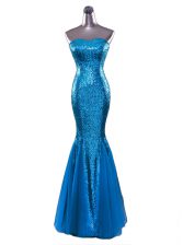  Mermaid Blue Strapless Neckline Sequins Evening Dress Sleeveless Zipper
