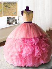Decent Rose Pink Quinceanera Dress Military Ball and Sweet 16 and Quinceanera with Beading and Lace and Ruffles Scoop Sleeveless Brush Train Zipper
