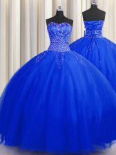 Stunning Puffy Skirt Royal Blue Sleeveless Floor Length Beading Lace Up Ball Gown Prom Dress