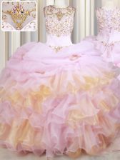 Fantastic Pink Quinceanera Dresses Military Ball and Sweet 16 and Quinceanera with Beading and Ruffles and Pick Ups Scoop Sleeveless Court Train Lace Up