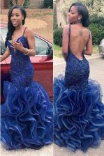 Exquisite Mermaid Ruffles Prom Dress Navy Blue Backless Sleeveless Floor Length