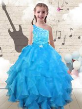  One Shoulder Aqua Blue Sleeveless Floor Length Beading and Ruffles Lace Up Little Girls Pageant Dress