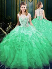  Scoop Organza and Tulle Sleeveless Ball Gown Prom Dress Brush Train and Appliques and Ruffles