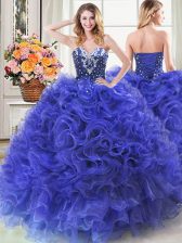 Low Price Floor Length Royal Blue Quince Ball Gowns Organza Sleeveless Beading and Ruffles