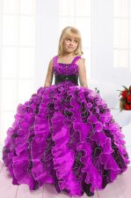  Organza Straps Sleeveless Lace Up Beading and Ruffles Little Girls Pageant Dress in Fuchsia