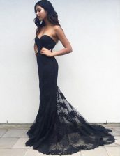  Mermaid Lace Black Evening Dress Prom and Party with Appliques Sweetheart Sleeveless Brush Train Zipper