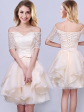 Luxurious Off the Shoulder Champagne Lace Up Quinceanera Court of Honor Dress Lace and Ruffles and Belt Short Sleeves Mini Length