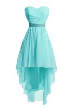 Adorable Organza Sweetheart Sleeveless Lace Up Ruching and Belt Prom Gown in Aqua Blue