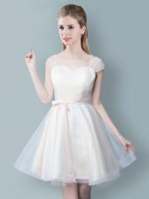  Straps Champagne Cap Sleeves Knee Length Ruching and Bowknot Zipper Dama Dress for Quinceanera