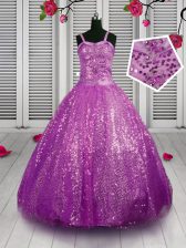  Sequined Straps Sleeveless Lace Up Beading and Sequins Little Girl Pageant Dress in Purple