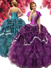 Graceful Eggplant Purple Vestidos de Quinceanera Military Ball and Sweet 16 and Quinceanera with Beading and Ruffles and Pick Ups Sweetheart Sleeveless Lace Up