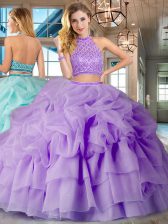 Glamorous Lavender Organza Backless Halter Top Sleeveless Vestidos de Quinceanera Brush Train Beading and Ruffled Layers and Pick Ups