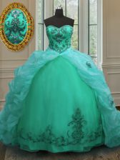  Sleeveless Organza With Train Court Train Lace Up Vestidos de Quinceanera in Turquoise with Beading and Appliques and Pick Ups