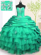  Turquoise Ball Gowns Organza and Taffeta Strapless Sleeveless Beading and Appliques and Ruffled Layers and Pick Ups With Train Lace Up Quinceanera Gown Brush Train