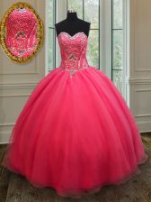  Coral Red Ball Gowns Sweetheart Sleeveless Organza Floor Length Lace Up Beading Sweet 16 Dresses