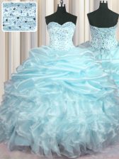 Vintage With Train Lace Up Sweet 16 Quinceanera Dress Aqua Blue for Military Ball and Sweet 16 and Quinceanera with Beading and Ruffles and Pick Ups Brush Train