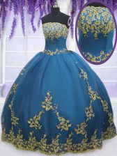 Custom Made Teal Ball Gowns Tulle Strapless Sleeveless Lace and Appliques Floor Length Zipper Vestidos de Quinceanera