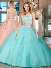Affordable Backless Scoop Sleeveless Sweet 16 Dresses Floor Length Beading and Ruffles Aqua Blue Tulle