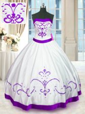  Sleeveless Satin Floor Length Lace Up Sweet 16 Dress in White with Beading and Embroidery