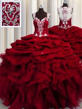 Great See Through Wine Red Organza Zipper Straps Sleeveless Floor Length Vestidos de Quinceanera Beading and Ruffles and Sequins