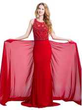 Hot Sale Scoop With Train Empire Sleeveless Red Prom Gown Court Train Zipper