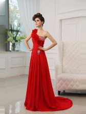  One Shoulder Sleeveless Satin Prom Party Dress Beading and Hand Made Flower Court Train Zipper