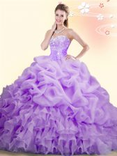 High Quality Organza Sweetheart Sleeveless Brush Train Lace Up Beading and Ruffles and Pick Ups Sweet 16 Quinceanera Dress in Lilac