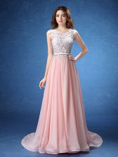Hot Selling Scoop Sleeveless Dress for Prom With Brush Train Lace and Appliques and Belt Baby Pink Chiffon
