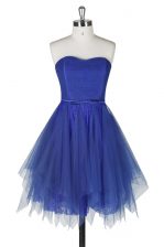 Luxury Royal Blue A-line Belt Zipper Tulle and Lace Sleeveless Knee Length