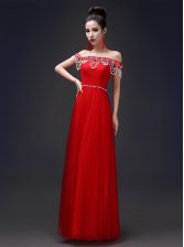 Glorious Off the Shoulder Lace Red Sleeveless Beading Floor Length 