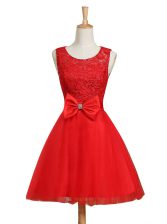 Shining Scoop Mini Length Lace Up Evening Dress Red for Prom with Lace and Bowknot