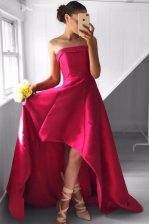  Fuchsia A-line Pleated Prom Party Dress Zipper Satin Sleeveless Asymmetrical