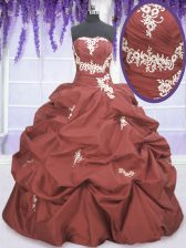 Cute Taffeta Strapless Sleeveless Lace Up Appliques and Pick Ups 15 Quinceanera Dress in Rust Red