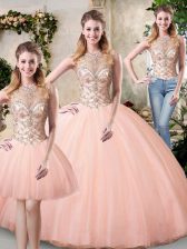  Scoop Sleeveless Tulle Quince Ball Gowns Beading Lace Up