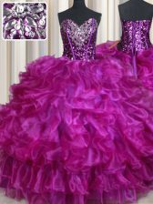  Sequins Purple Sleeveless Organza Lace Up Sweet 16 Quinceanera Dress for Military Ball and Sweet 16 and Quinceanera